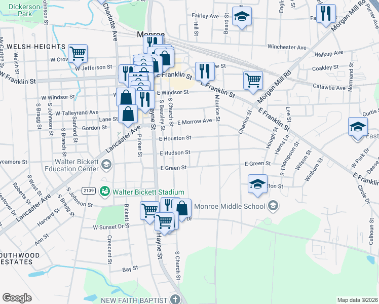 map of restaurants, bars, coffee shops, grocery stores, and more near 314A East Hudson Street in Monroe