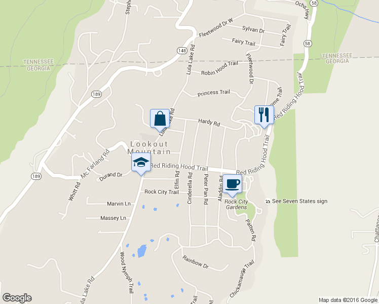 map of restaurants, bars, coffee shops, grocery stores, and more near 1208 Cinderella Road in Lookout Mountain