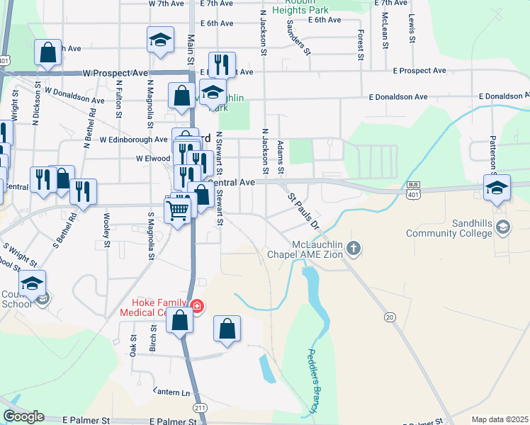 map of restaurants, bars, coffee shops, grocery stores, and more near 221 Reaves Street in Raeford
