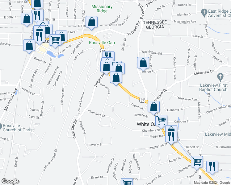map of restaurants, bars, coffee shops, grocery stores, and more near 811 Chickamauga Avenue in Rossville