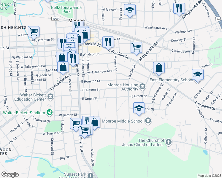 map of restaurants, bars, coffee shops, grocery stores, and more near East Hudson Street in Monroe