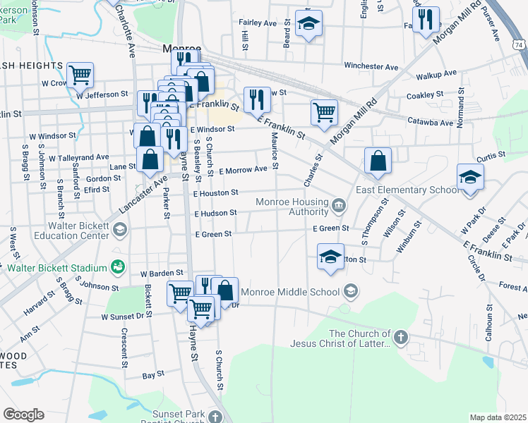 map of restaurants, bars, coffee shops, grocery stores, and more near East Hudson Street in Monroe