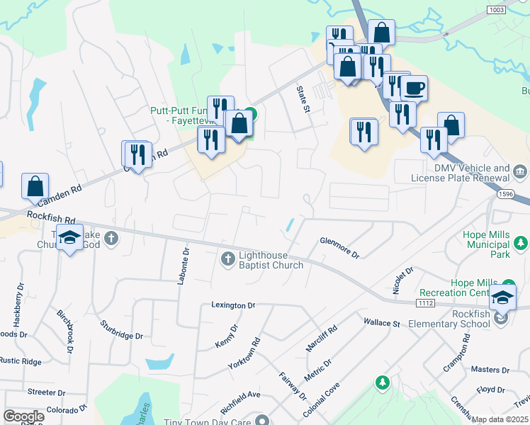 map of restaurants, bars, coffee shops, grocery stores, and more near 5980 Love Court in Hope Mills