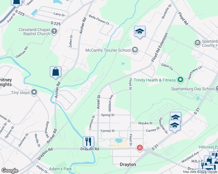 map of restaurants, bars, coffee shops, grocery stores, and more near 115 Lark Lane in Spartanburg