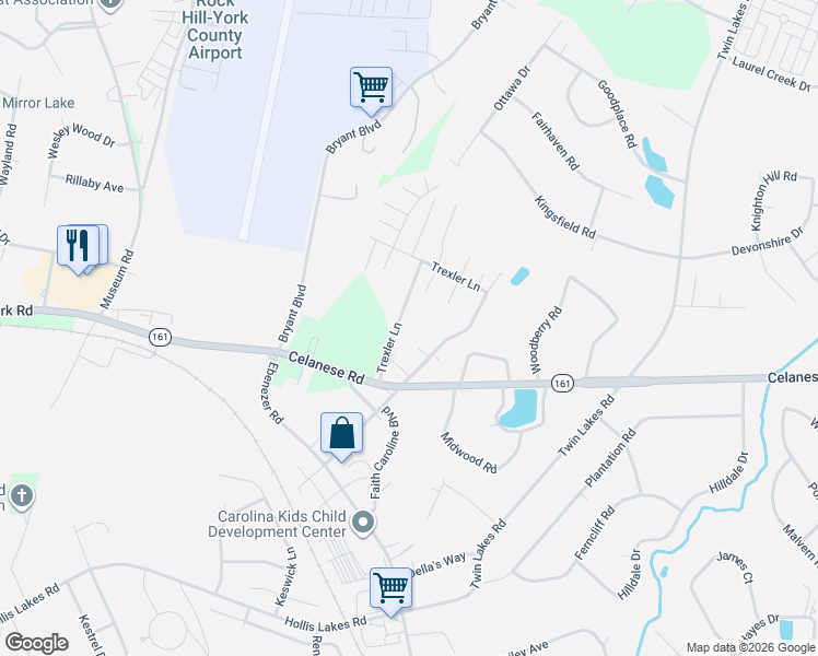 map of restaurants, bars, coffee shops, grocery stores, and more near 571 Trexler Lane in Rock Hill