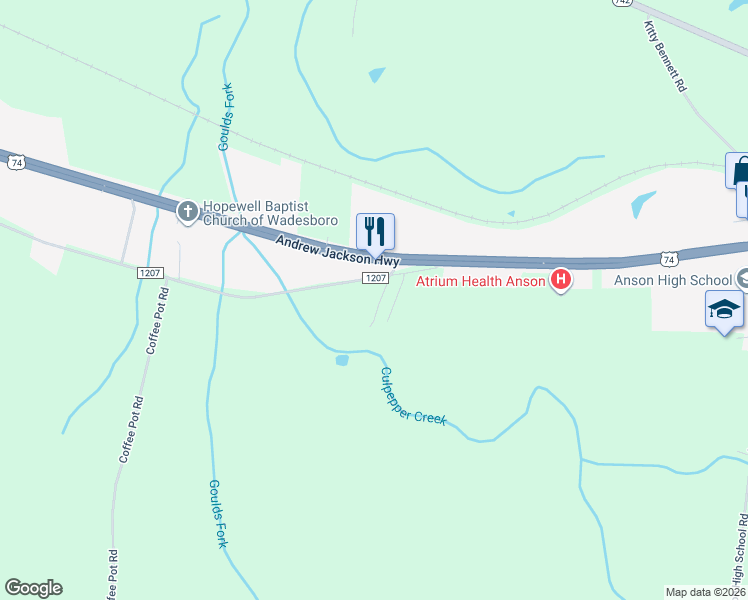 map of restaurants, bars, coffee shops, grocery stores, and more near 131 Arrowood Road in Wadesboro