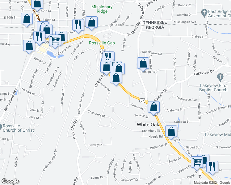 map of restaurants, bars, coffee shops, grocery stores, and more near 811 Chickamauga Avenue in Rossville