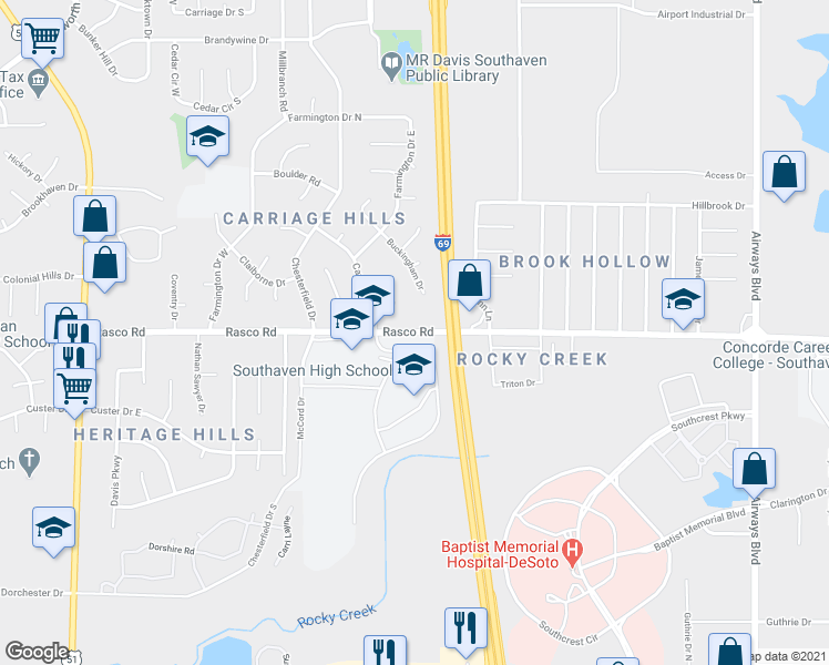 map of restaurants, bars, coffee shops, grocery stores, and more near 639 Rasco Road West in Southaven