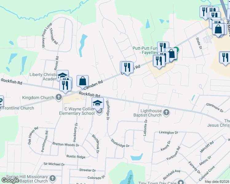 map of restaurants, bars, coffee shops, grocery stores, and more near 6258 Rockfish Road in Hope Mills