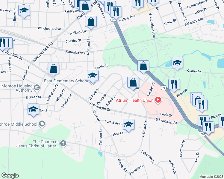map of restaurants, bars, coffee shops, grocery stores, and more near 607 Deese Street in Monroe