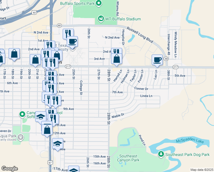 map of restaurants, bars, coffee shops, grocery stores, and more near 2714 6th Avenue in Canyon