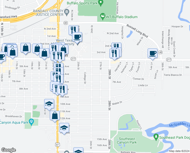 map of restaurants, bars, coffee shops, grocery stores, and more near 2605 7th Avenue in Canyon