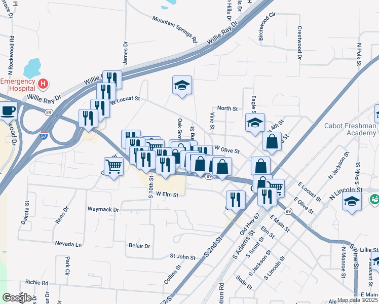 map of restaurants, bars, coffee shops, grocery stores, and more near 34 Oak Grove Circle in Cabot