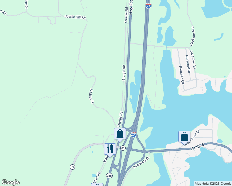 map of restaurants, bars, coffee shops, grocery stores, and more near North Main Street in Mayflower