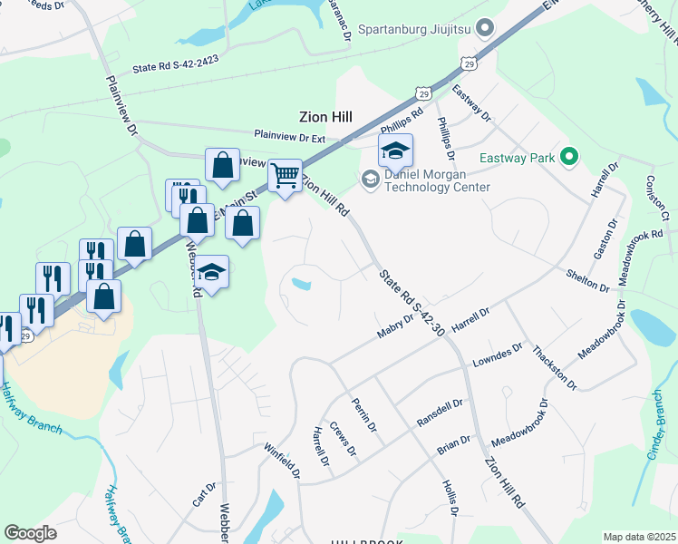 map of restaurants, bars, coffee shops, grocery stores, and more near 205 Cypress Creek Drive in Spartanburg