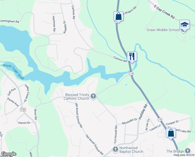 map of restaurants, bars, coffee shops, grocery stores, and more near 20 Cunningham Point Court in Greer