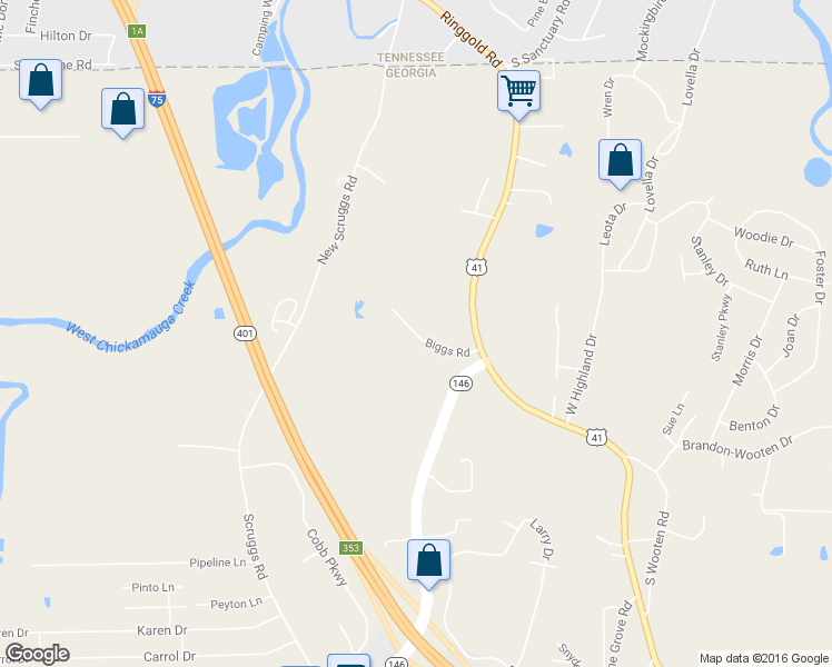 map of restaurants, bars, coffee shops, grocery stores, and more near 198 Biggs Road in Ringgold