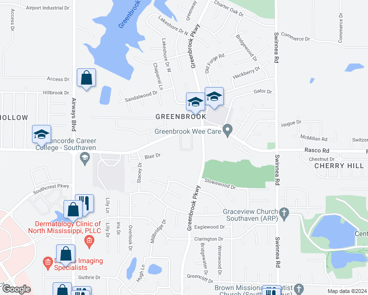 map of restaurants, bars, coffee shops, grocery stores, and more near 512 Creekwood Circle South in Southaven