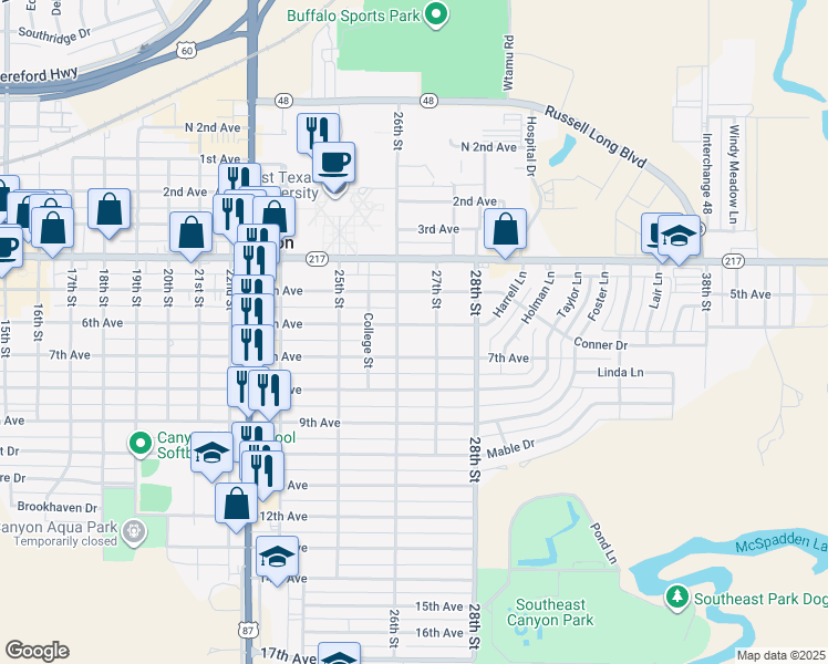 map of restaurants, bars, coffee shops, grocery stores, and more near 2604 6th Avenue in Canyon