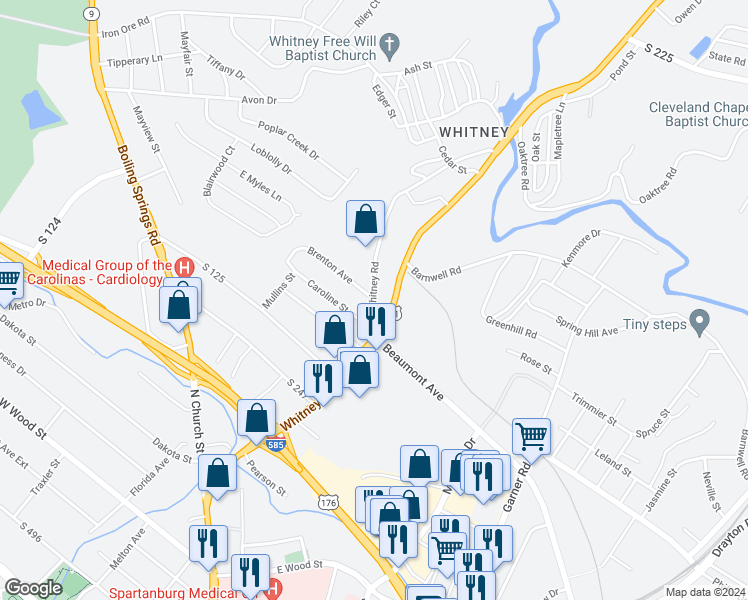 map of restaurants, bars, coffee shops, grocery stores, and more near 615 Old Whitney Road in Spartanburg