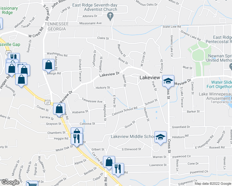 map of restaurants, bars, coffee shops, grocery stores, and more near 164 East Pine Street in Rossville