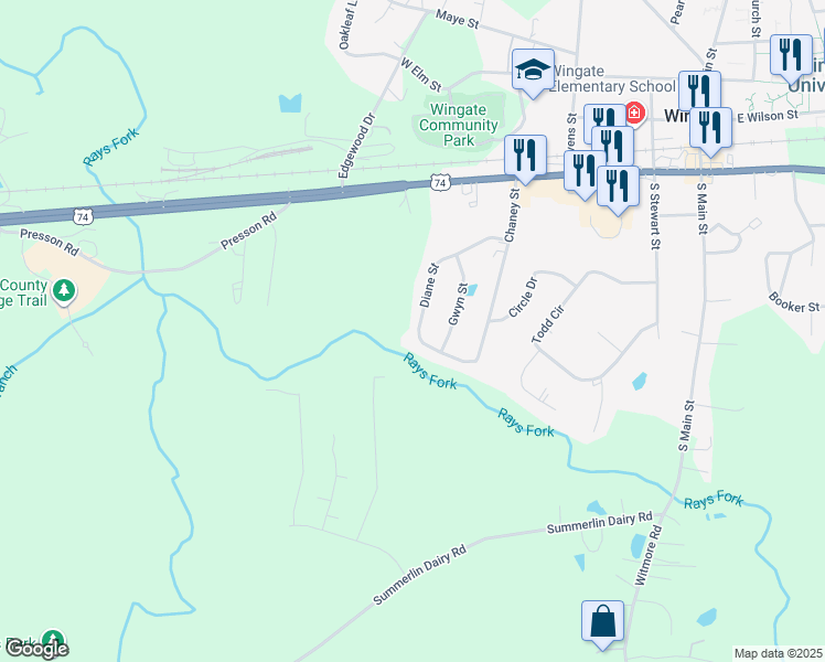 map of restaurants, bars, coffee shops, grocery stores, and more near 224 Diane Street in Wingate