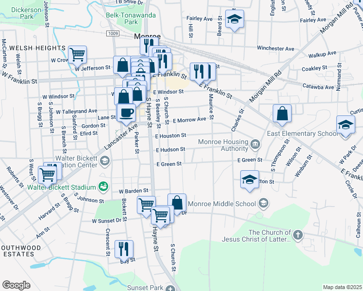 map of restaurants, bars, coffee shops, grocery stores, and more near 300 East Hudson Street in Monroe
