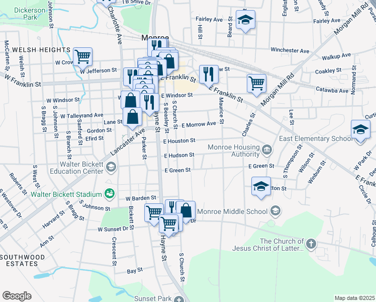 map of restaurants, bars, coffee shops, grocery stores, and more near 300 East Hudson Street in Monroe