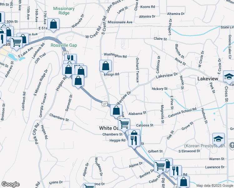 map of restaurants, bars, coffee shops, grocery stores, and more near 1404 South Crest Road in Rossville