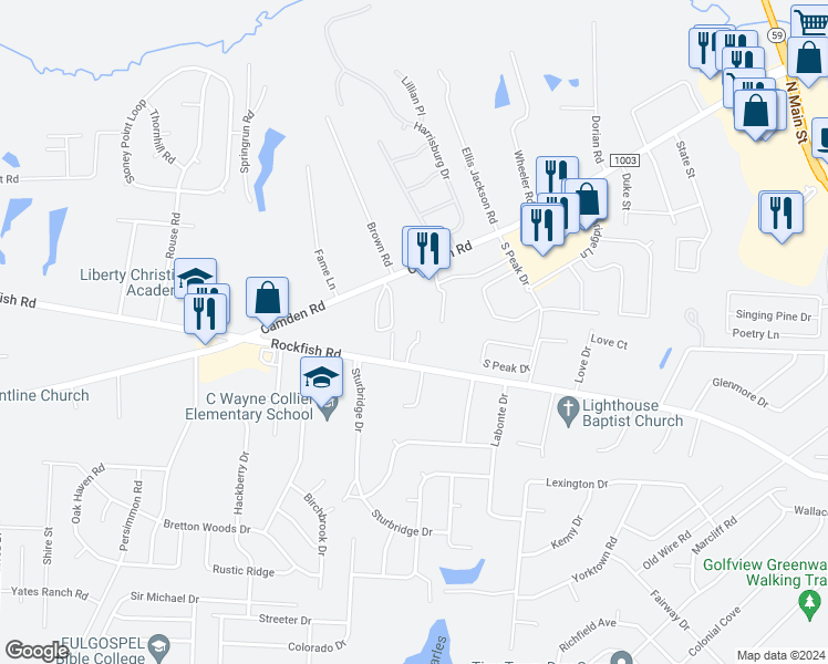 map of restaurants, bars, coffee shops, grocery stores, and more near 3262 Blue Grass Court in Hope Mills