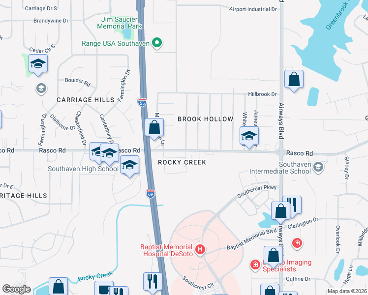 map of restaurants, bars, coffee shops, grocery stores, and more near 494 Rasco Road West in Southaven
