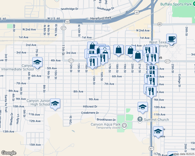 map of restaurants, bars, coffee shops, grocery stores, and more near 1508 6th Avenue in Canyon