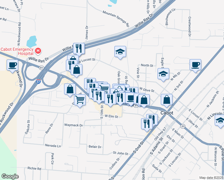 map of restaurants, bars, coffee shops, grocery stores, and more near 100 Cinema Boulevard in Cabot