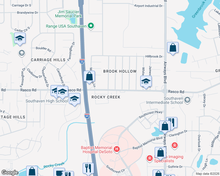 map of restaurants, bars, coffee shops, grocery stores, and more near 8016 Pinebrook Drive in Southaven