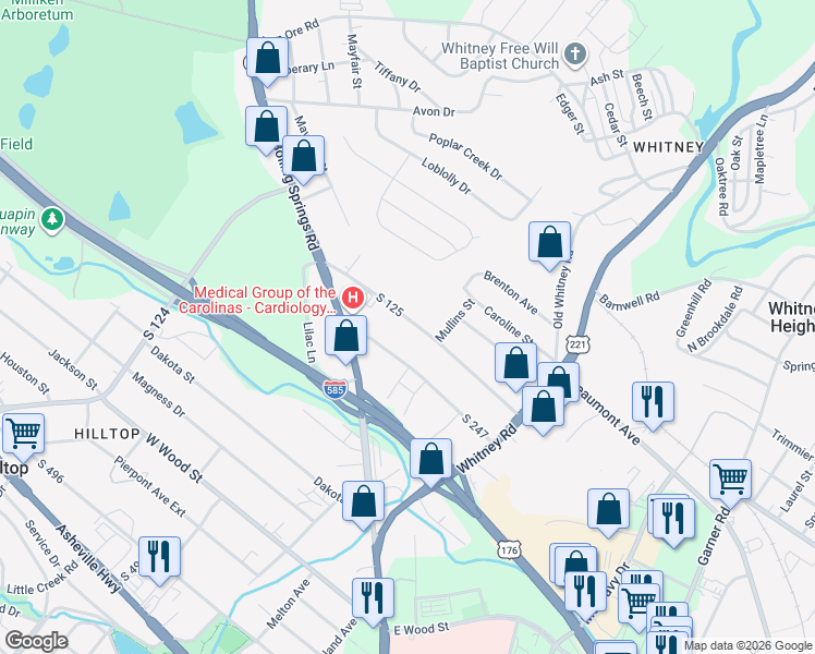 map of restaurants, bars, coffee shops, grocery stores, and more near 489 South 247 in Spartanburg
