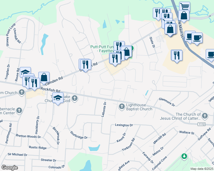 map of restaurants, bars, coffee shops, grocery stores, and more near 3585 South Peak Drive in Fayetteville