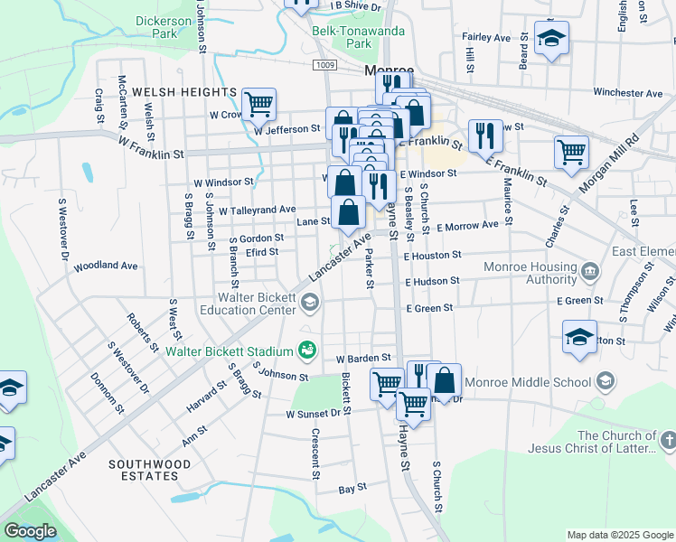 map of restaurants, bars, coffee shops, grocery stores, and more near 301 Lancaster Ave in Monroe