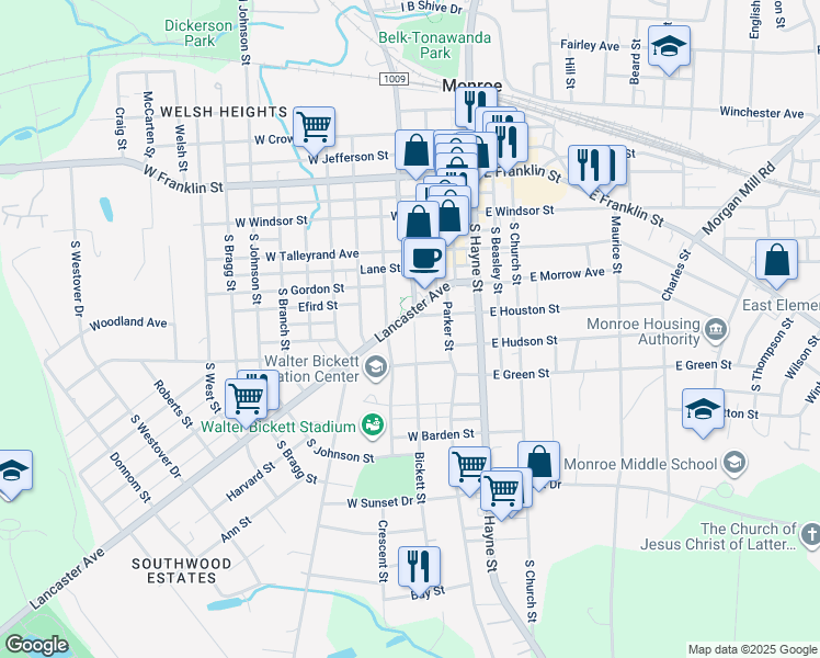 map of restaurants, bars, coffee shops, grocery stores, and more near 301 Lancaster Ave in Monroe