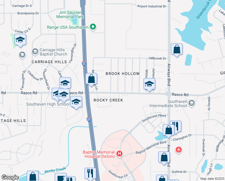 map of restaurants, bars, coffee shops, grocery stores, and more near 494 Rasco Road West in Southaven