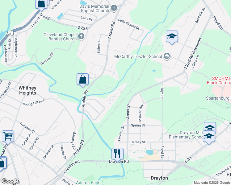 map of restaurants, bars, coffee shops, grocery stores, and more near 325 Jefferies Lane in Spartanburg