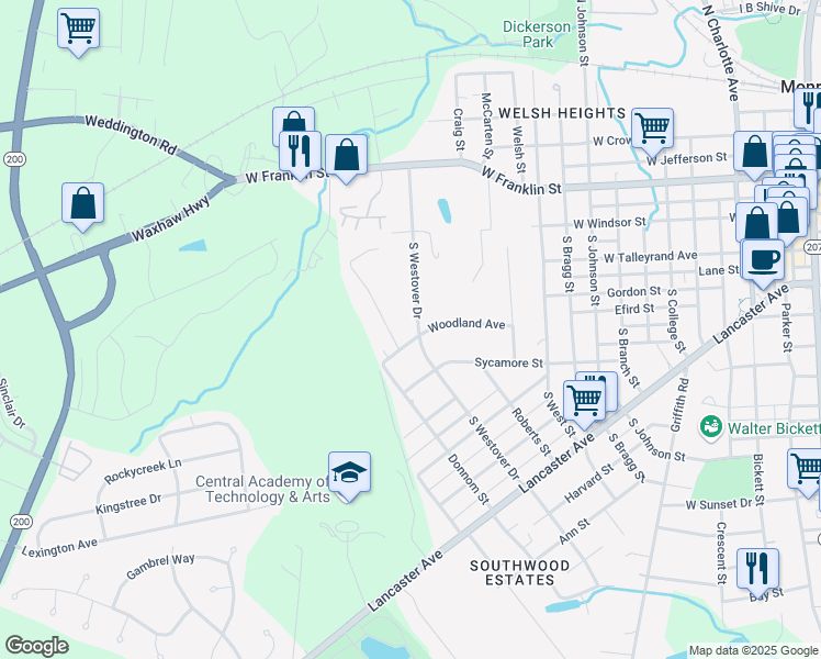 map of restaurants, bars, coffee shops, grocery stores, and more near 306 South Westover Drive in Monroe