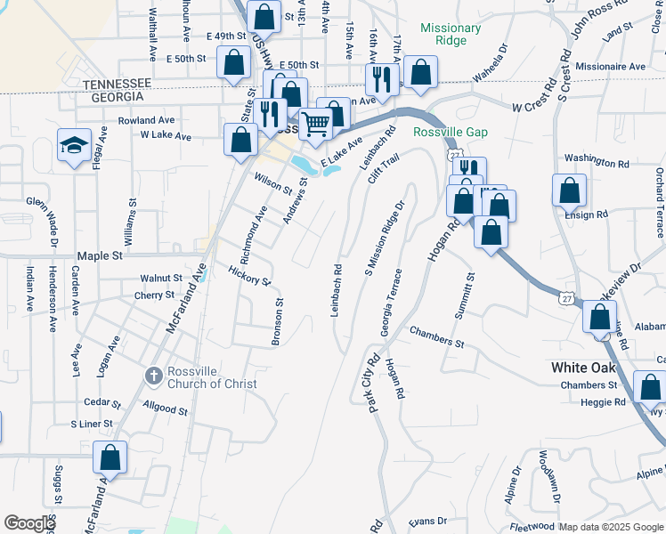map of restaurants, bars, coffee shops, grocery stores, and more near 175 Leinbach Road in Rossville