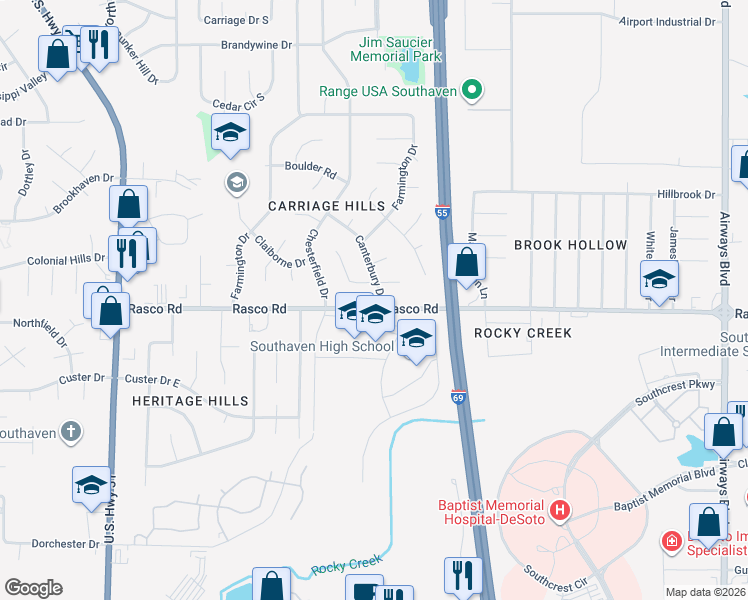 map of restaurants, bars, coffee shops, grocery stores, and more near 899 Rasco Road West in Southaven