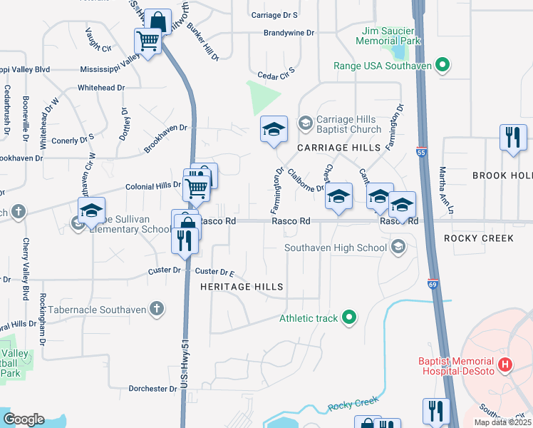 map of restaurants, bars, coffee shops, grocery stores, and more near 7985 Nathan Sawyer Drive in Southaven