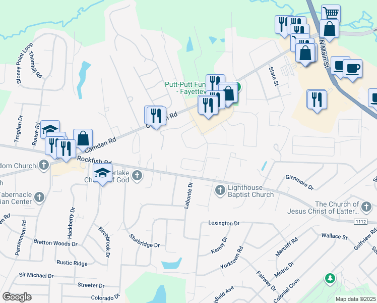 map of restaurants, bars, coffee shops, grocery stores, and more near 3560 Birchfield Court in Hope Mills