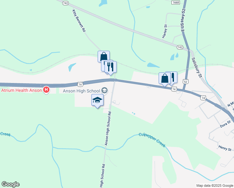 map of restaurants, bars, coffee shops, grocery stores, and more near 177 Anson High School Road in Wadesboro