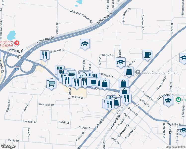 map of restaurants, bars, coffee shops, grocery stores, and more near 34 Oak Grove Circle in Cabot