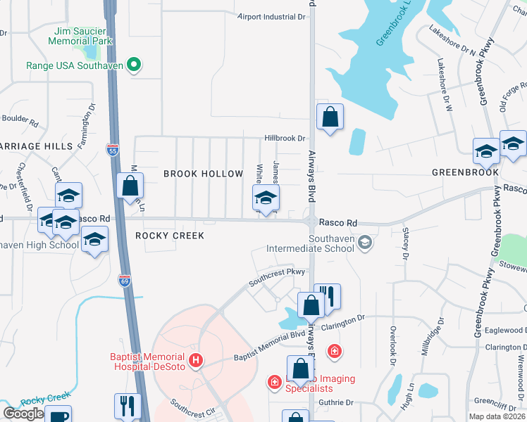 map of restaurants, bars, coffee shops, grocery stores, and more near 8030 Whitebrook Drive in Southaven