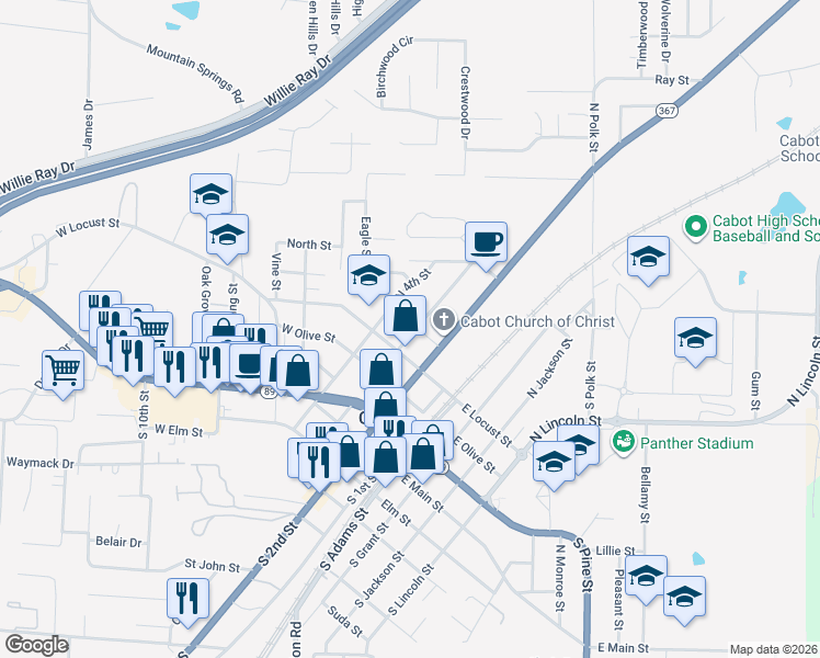 map of restaurants, bars, coffee shops, grocery stores, and more near 410 North 2nd Street in Cabot