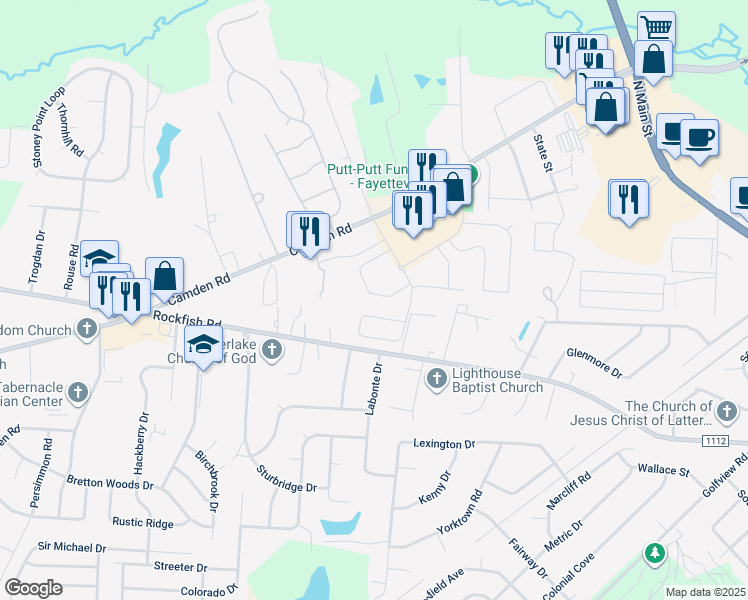 map of restaurants, bars, coffee shops, grocery stores, and more near 3560 Birchfield Court in Hope Mills